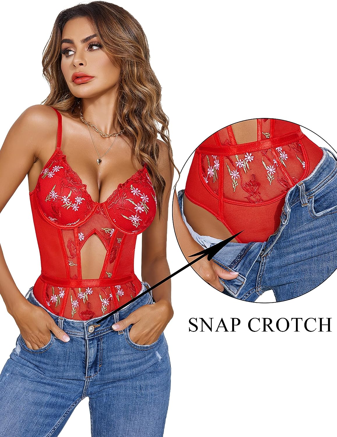 Red floral embroidery bodysuit with snap crotch. Avidlove sexy lingerie, styled with jeans.