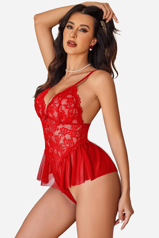 Red floral lace bodysuit teddy with adjustable straps, elegant lingerie