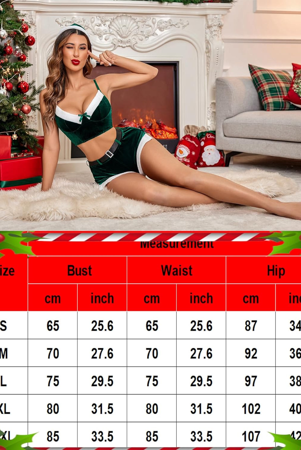 Green velvet Santa lingerie set, model in a Christmas theme. Size chart included to guide customers.