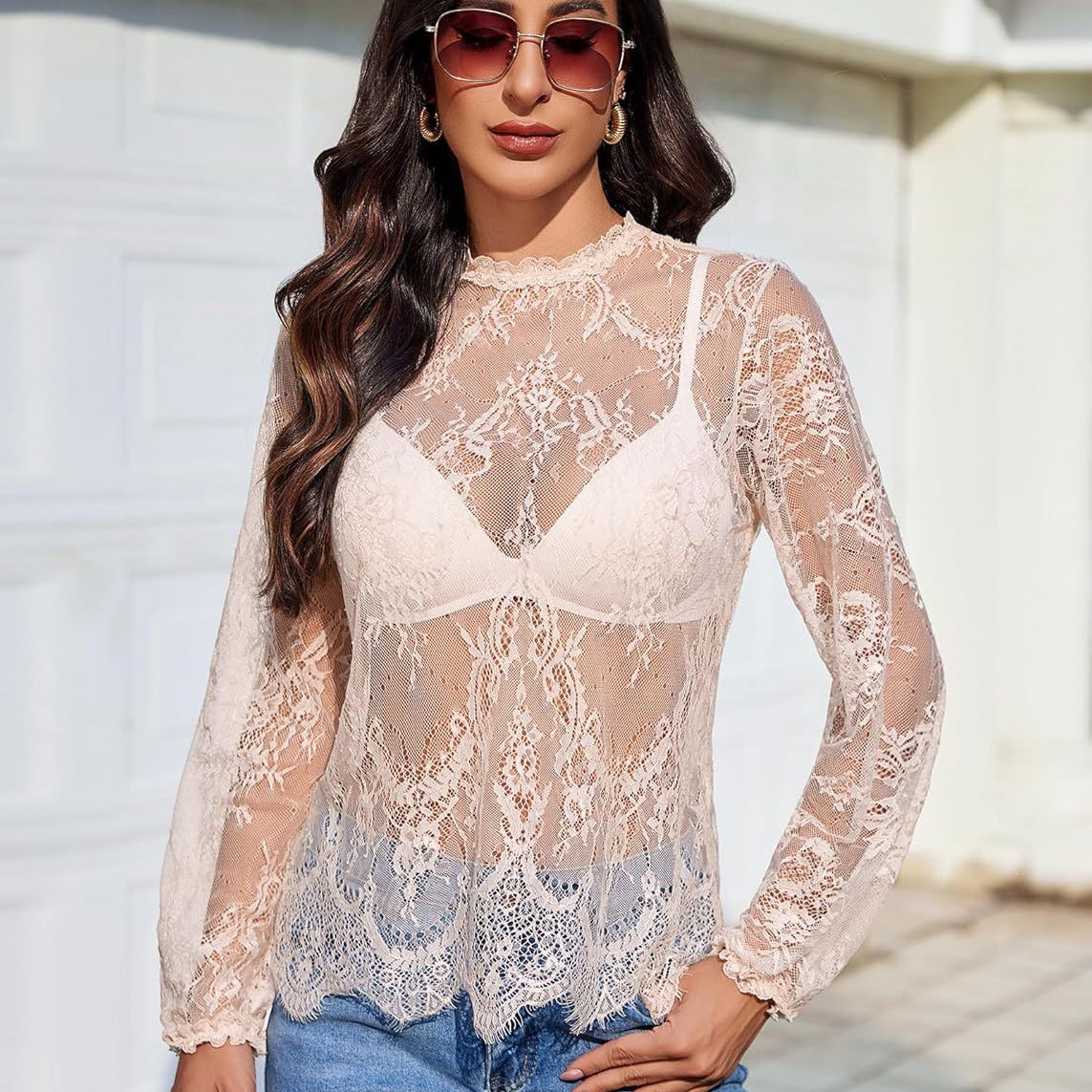 Floral Lace Mesh Top Long Sleeve Sheer Shirts