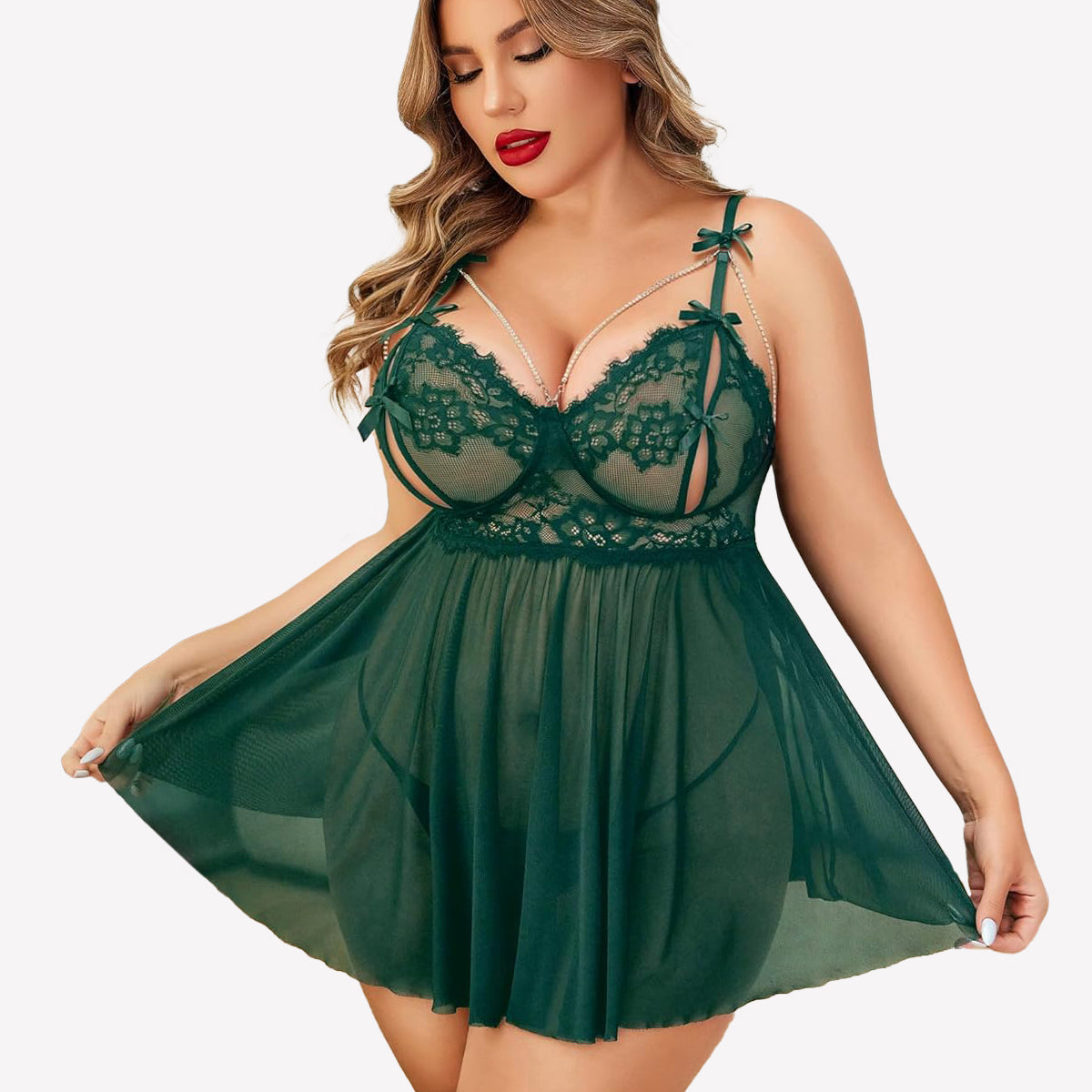 Plus Size Green Lace Babydoll Nighty with Detachable Chain