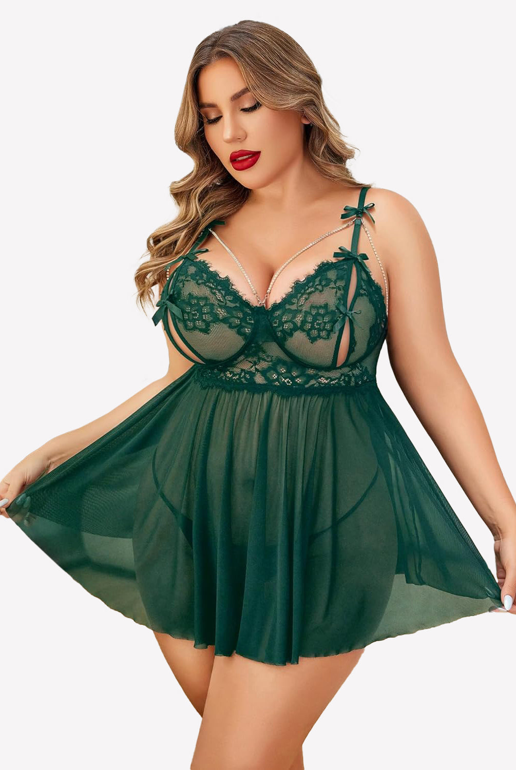 Plus Size Green Lace Babydoll Nighty with Detachable Chain