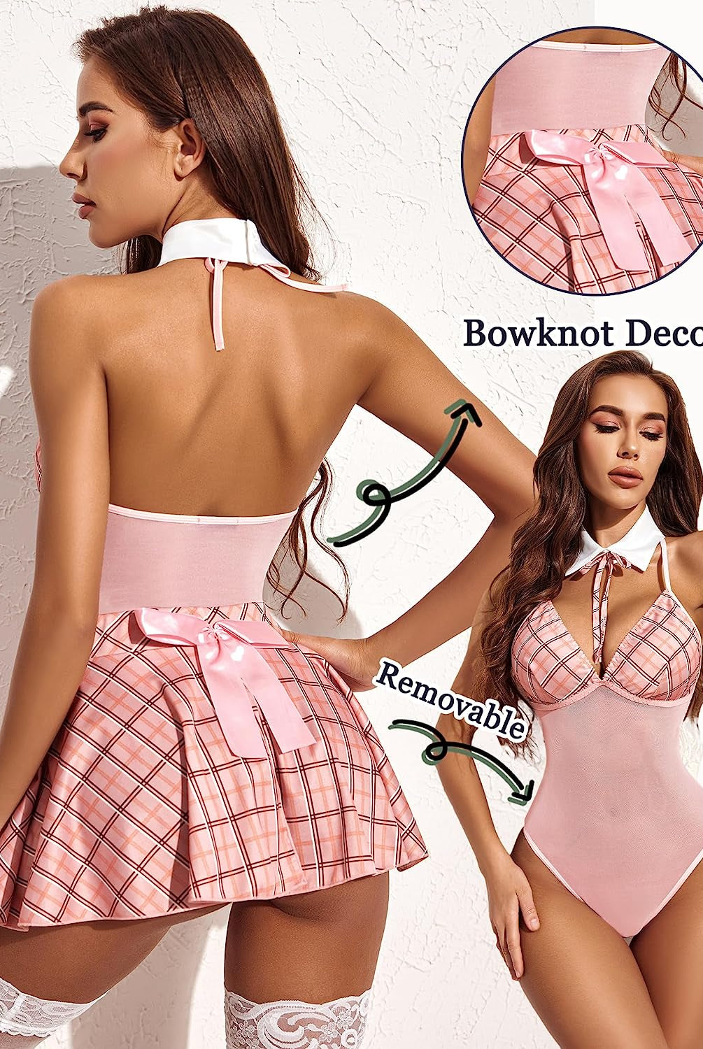 Pink plaid schoolgirl lingerie set with halter top, mini skirt, and removable design for cosplay.