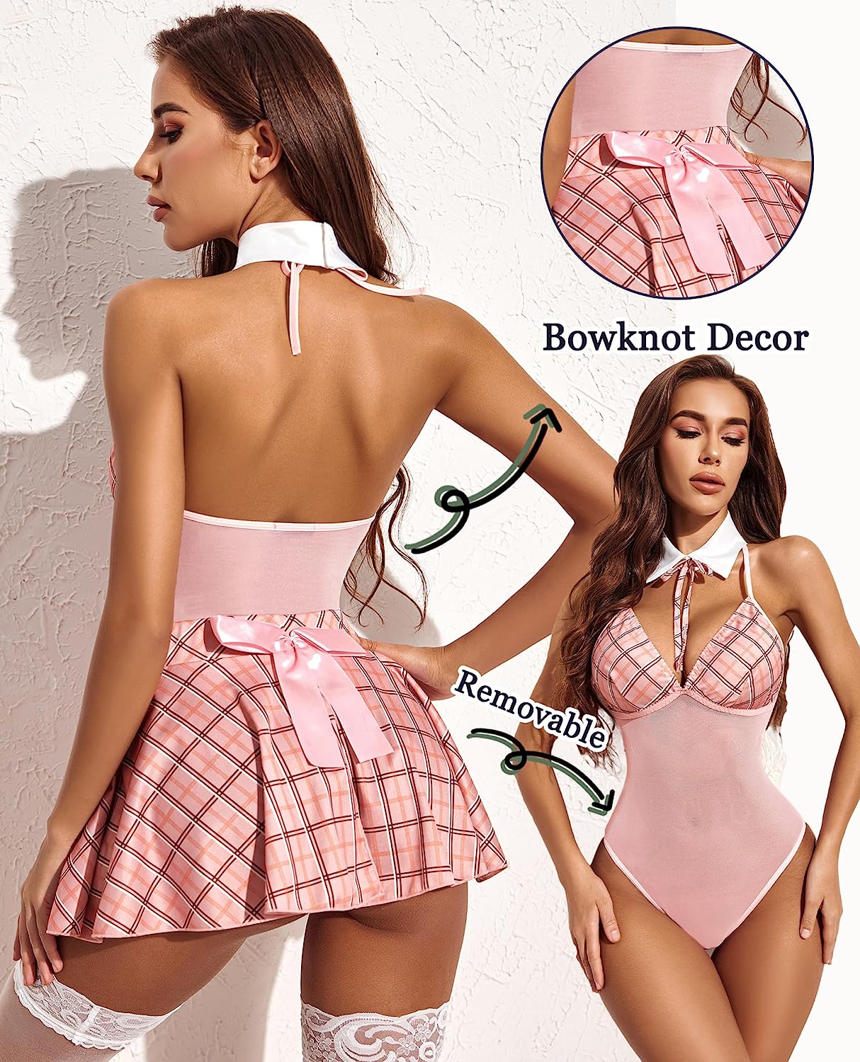 Pink plaid schoolgirl lingerie set with halter top, mini skirt, and removable design for cosplay.