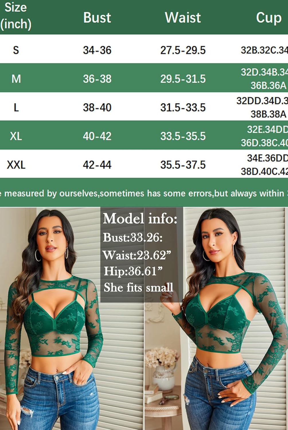 Green lace cami top and matching bra, size chart, model info: bust 33.26", waist 23.62", hip 36.61"
