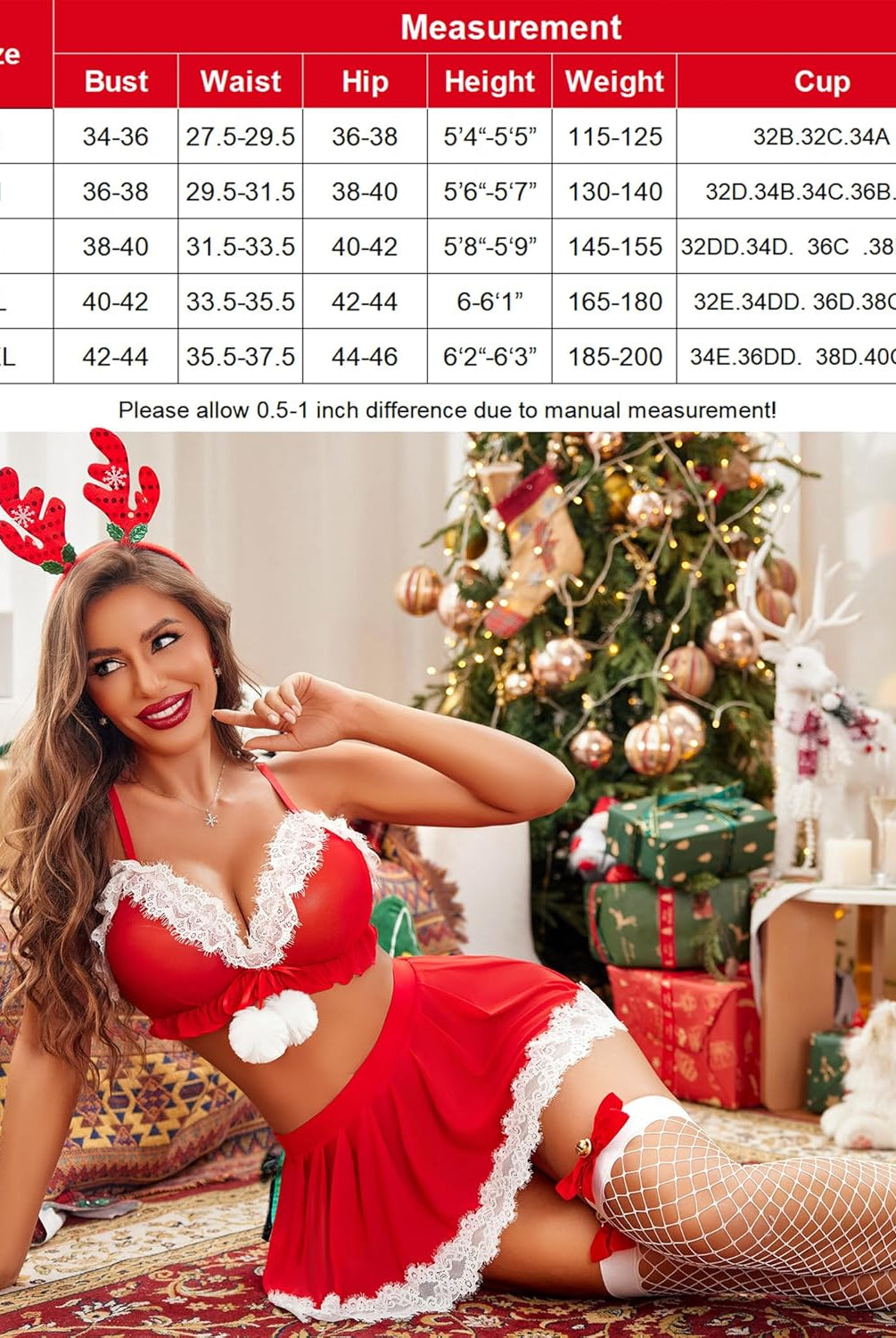 Red Christmas lingerie set with lace trim, pleated skirt, and size chart. Festive holiday look.