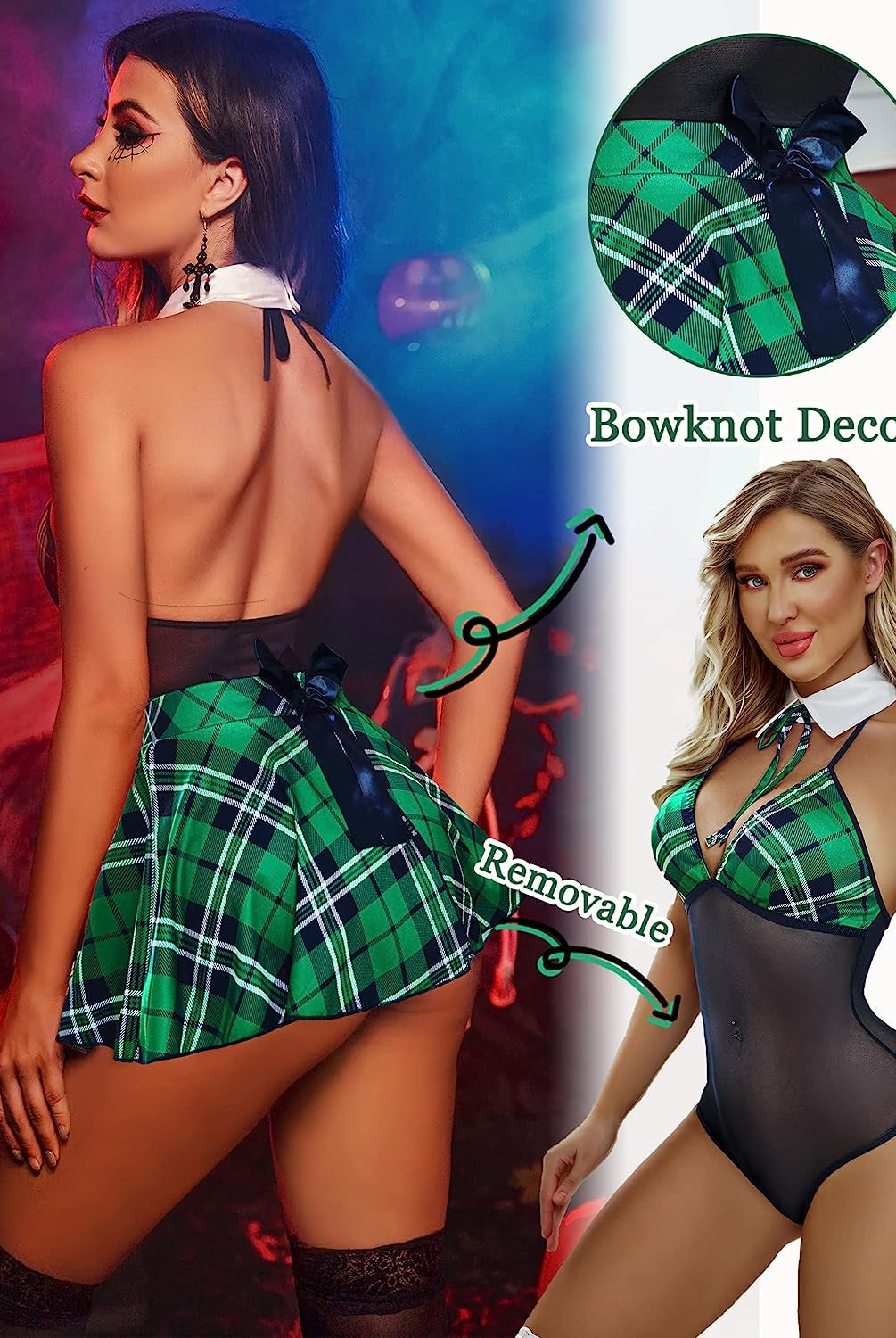 Green plaid schoolgirl lingerie: halter top, mini skirt, removable skirt, bowknot detail, cosplay.