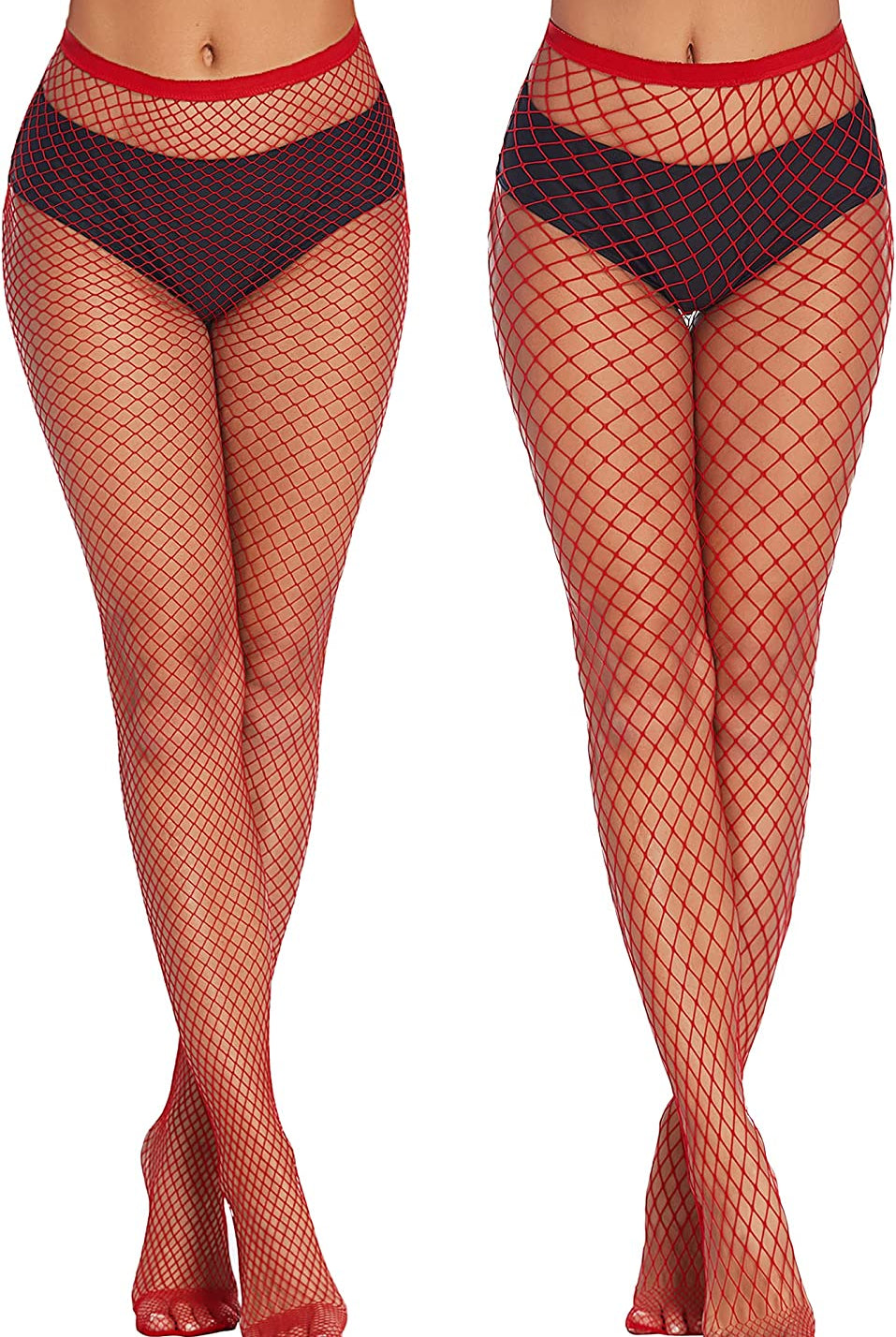 Red fishnet stockings, diamond net pattern, high-waisted. Confident and sexy plus size lingerie.