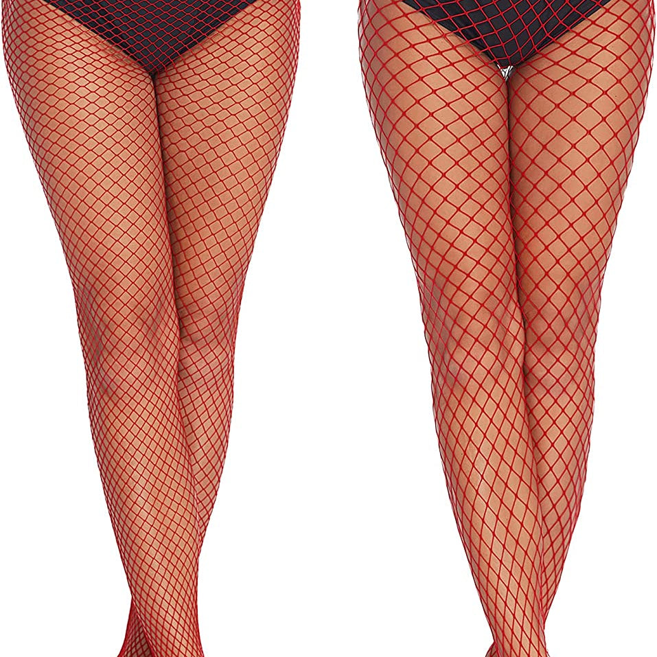 Red fishnet stockings, diamond net pattern, high-waisted. Confident and sexy plus size lingerie.
