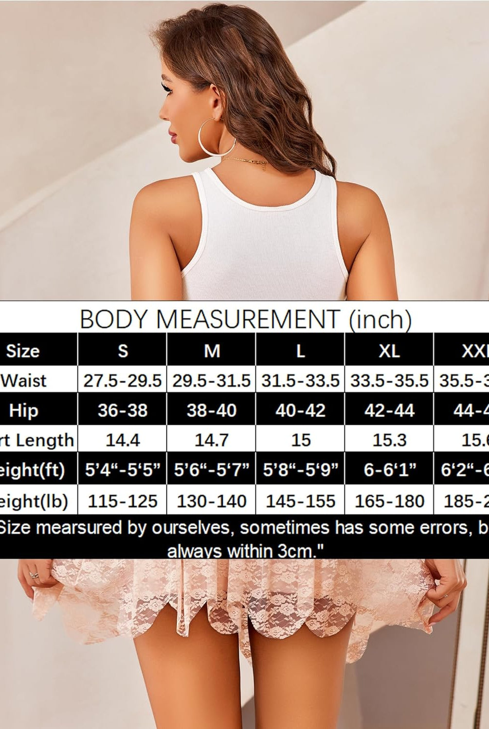 Lace asymmetrical short skirt size chart with waist, hip, and length measurements.