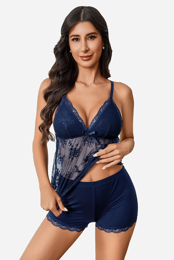 Navy blue lace cami pajama set with shorts, adjustable straps, and bow detail for sexy sleepwear