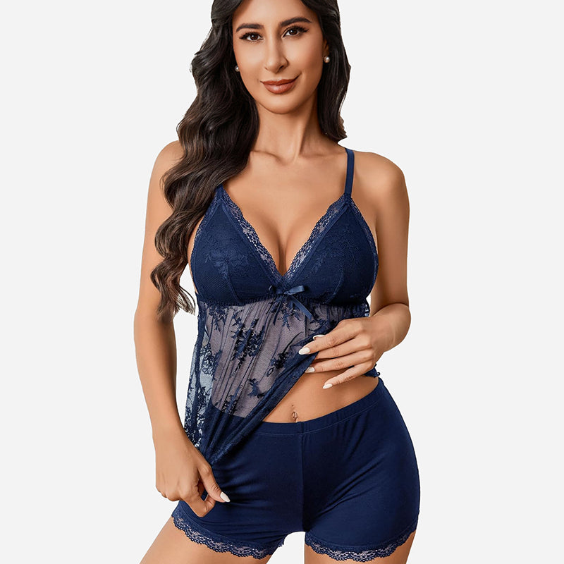 Navy blue lace cami pajama set with shorts, adjustable straps, and bow detail for sexy sleepwear
