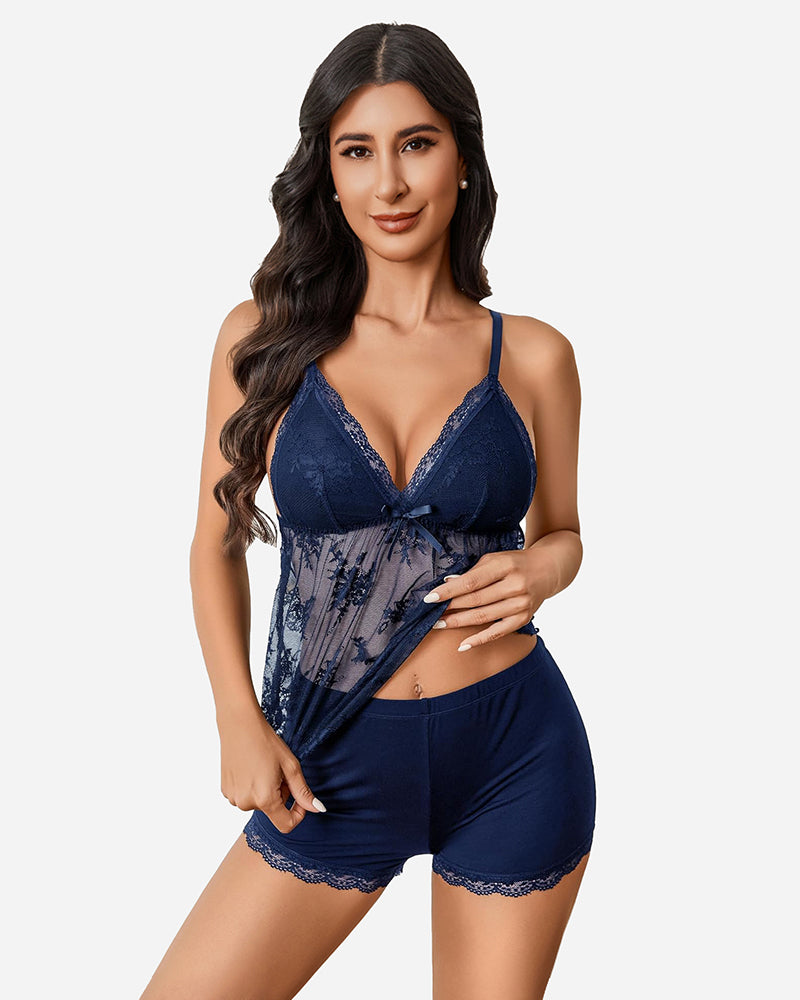 Navy blue lace cami pajama set with shorts, adjustable straps, and bow detail for sexy sleepwear