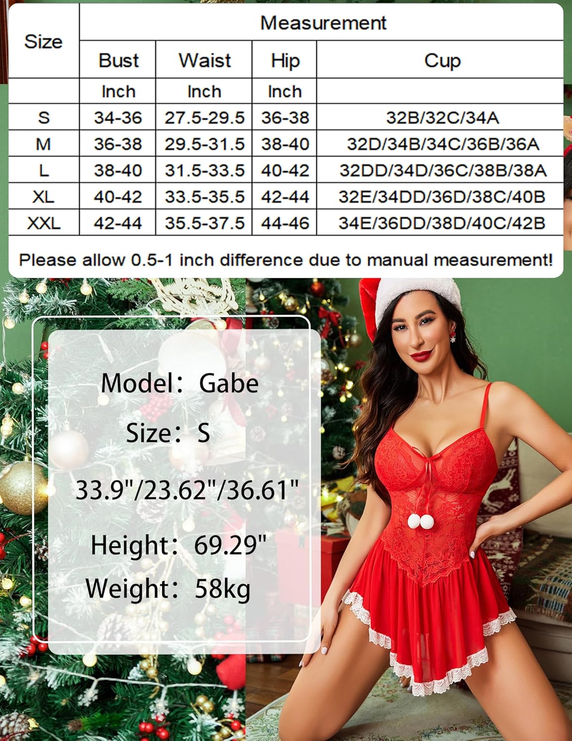 Christmas Lingerie Babydoll with Santa hat on Model Gabe. Red lace, size S, measurement chart.