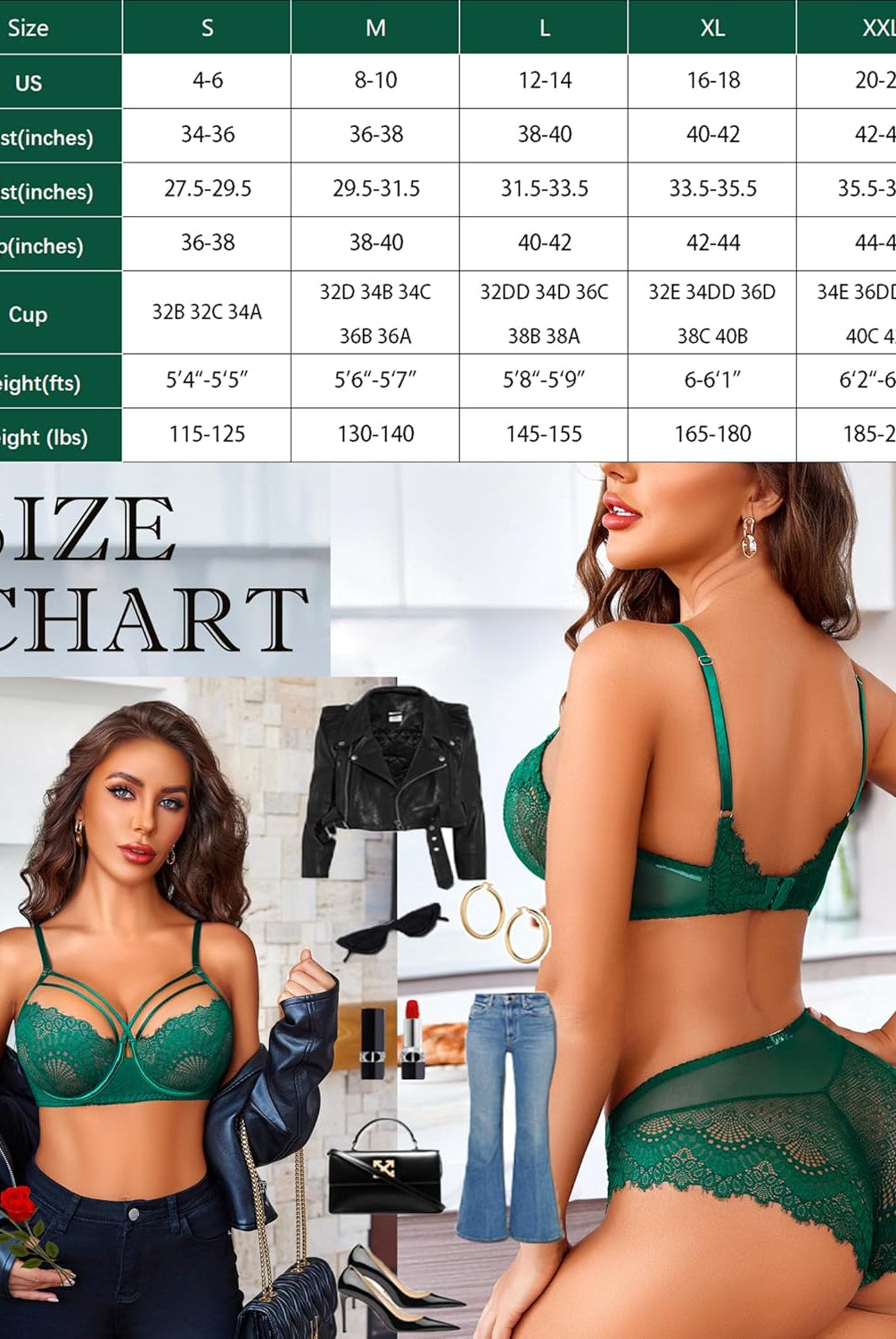 Size chart for green floral lace lingerie set, sizes S-XXL, with model wearing bra and panty.