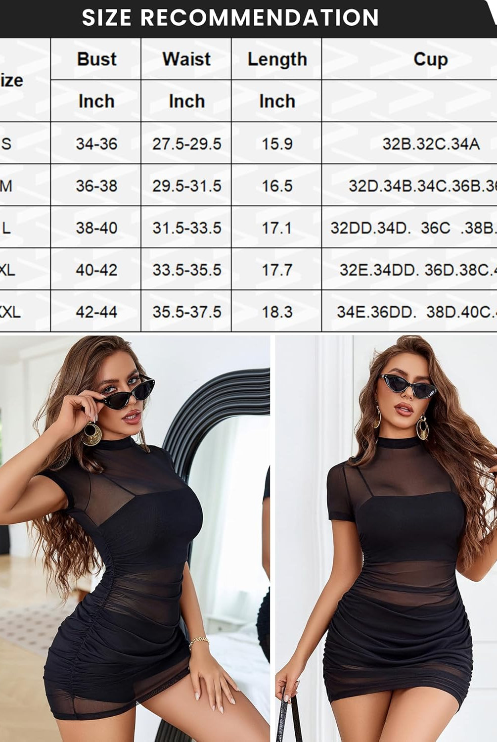 Black mesh mini dress with size chart. Features mock neck and side ruching for a confident look.