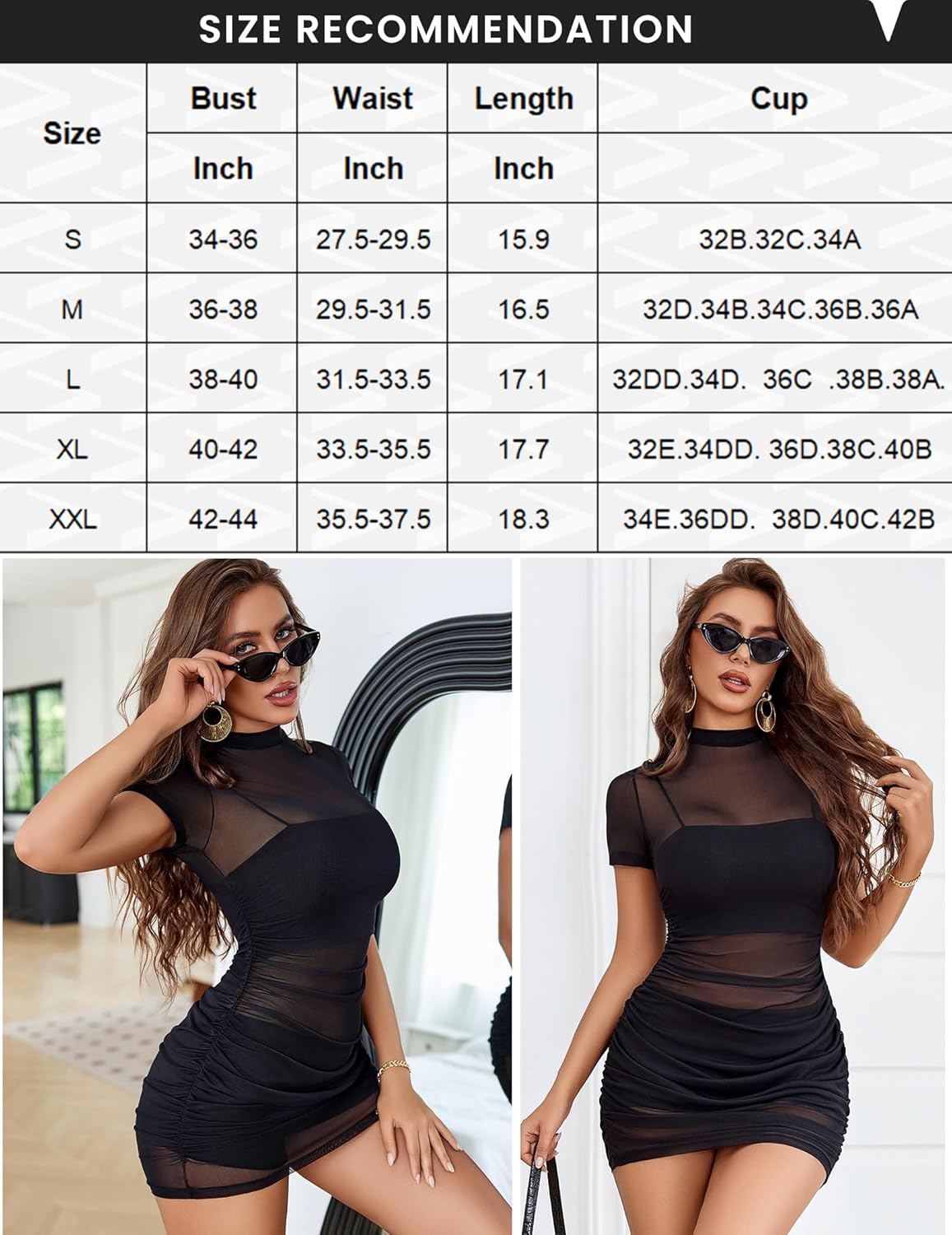 Black mesh mini dress with size chart. Features mock neck and side ruching for a confident look.