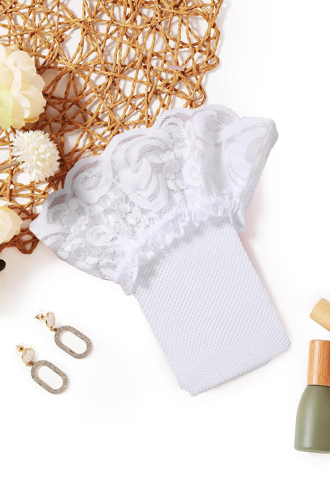 White lace trim thigh-high stocking, sheer fishnet material, perfect lingerie for women