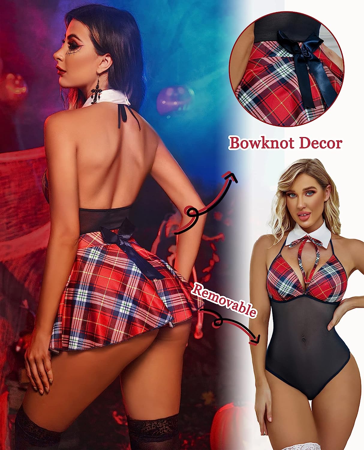 Red plaid schoolgirl cosplay lingerie set: halter, removable skirt, bowknot, perfect for roleplay.