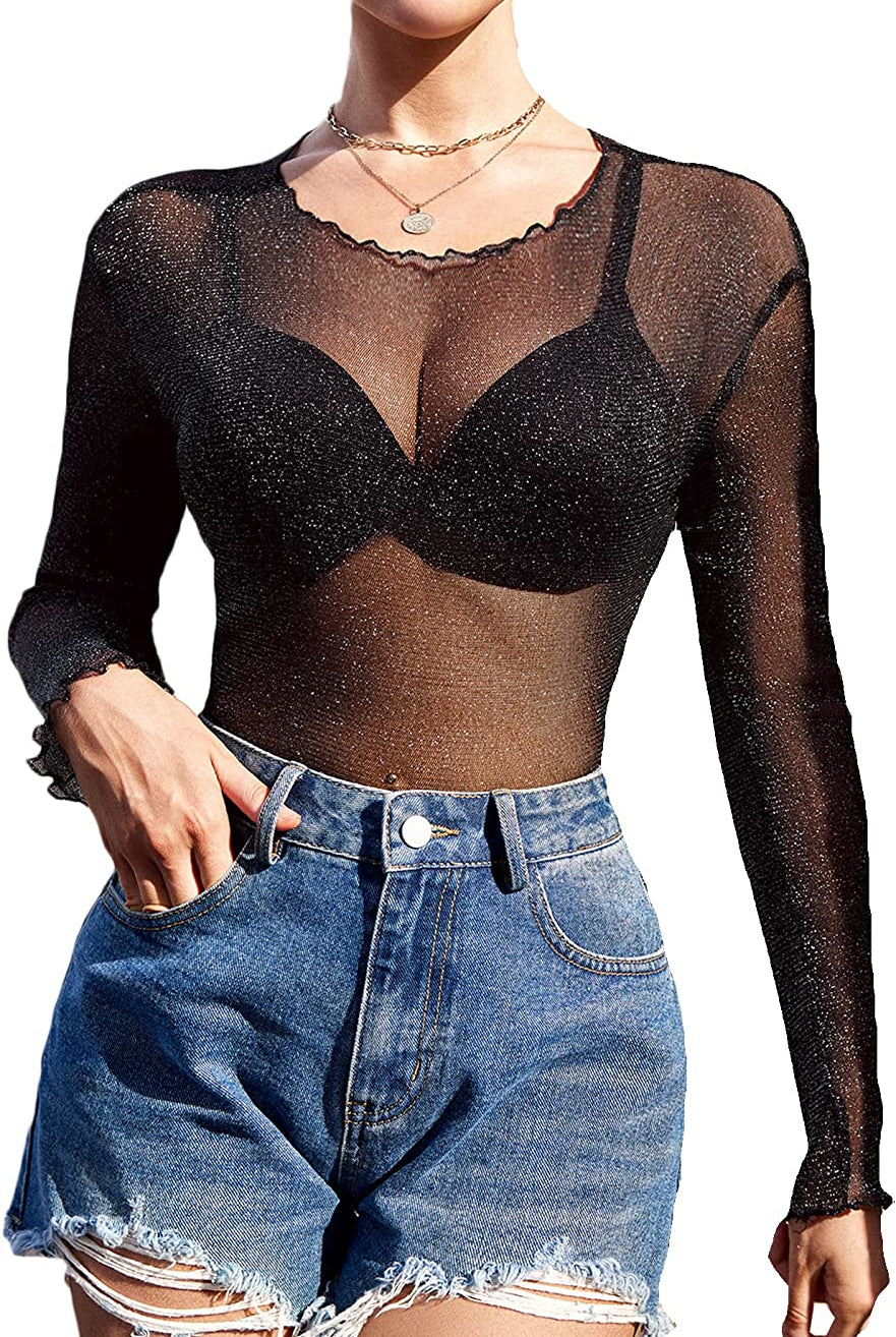 Black mesh top long sleeve see through shirt with denim shorts, perfect for a night out