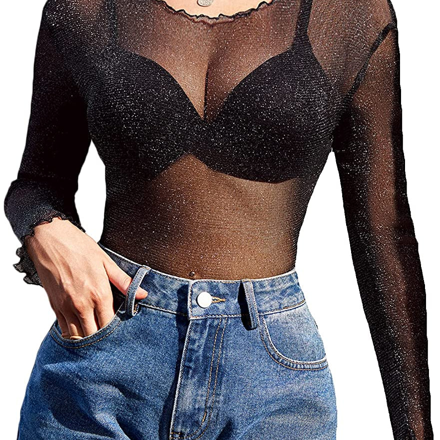 Black mesh top long sleeve see through shirt with denim shorts, perfect for a night out
