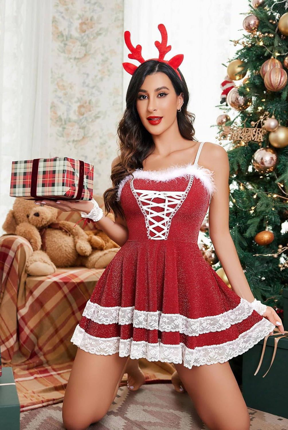 Red Christmas lingerie dress with white lace and reindeer antlers, perfect for the holidays.