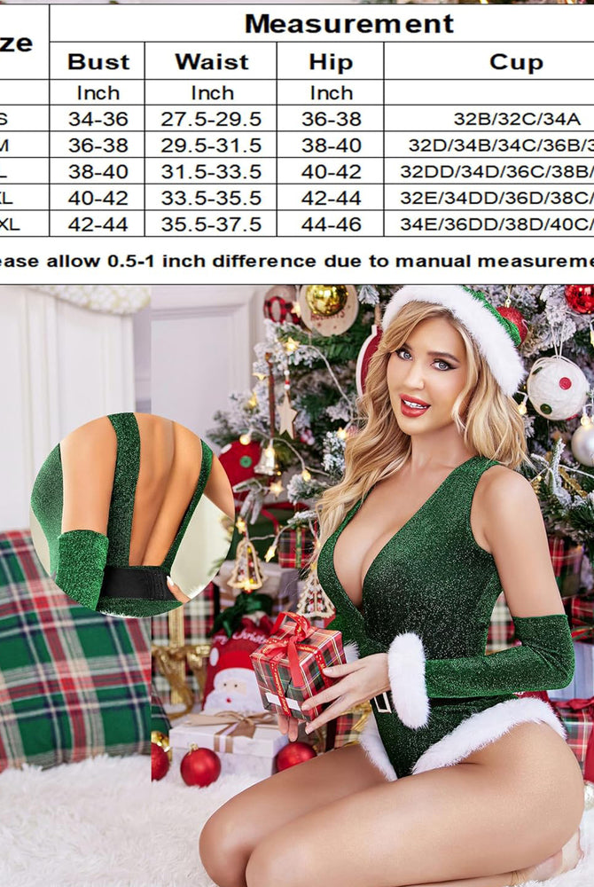 Green Christmas lingerie set: deep V teddy, Santa hat, gloves; size chart. Festive holiday wear.