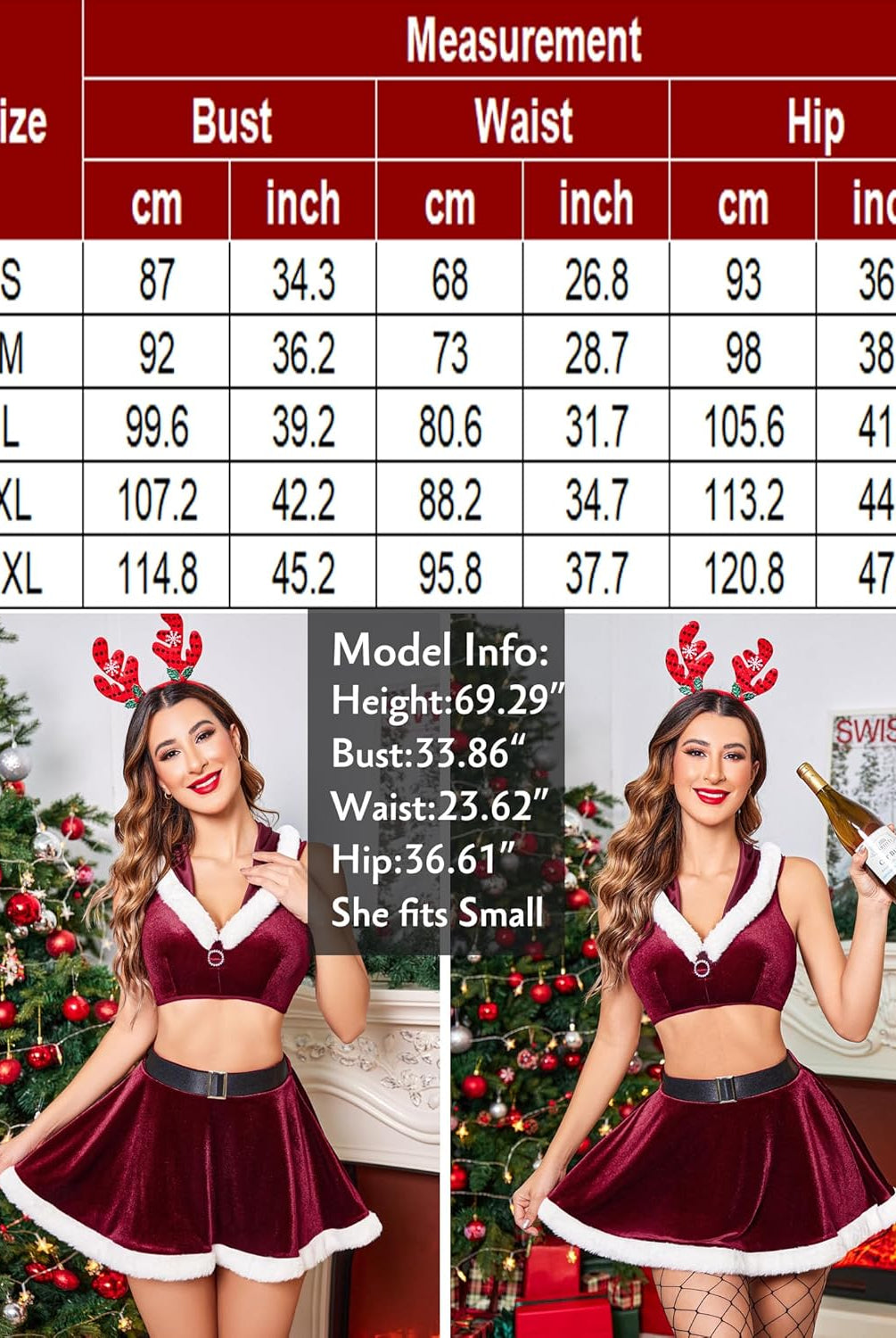Burgundy Christmas lingerie set, hooded crop top and mini skirt, with size chart & model info.