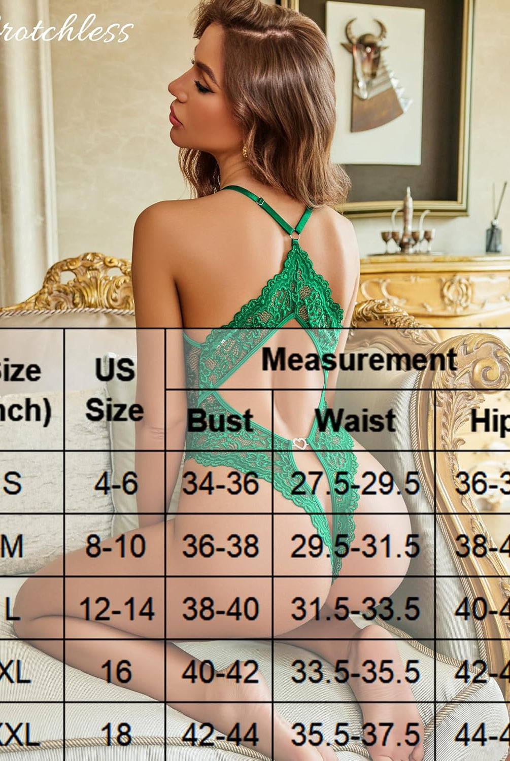 Green lace deep V teddy bodysuit with open crotch and size chart. Sexy lingerie for women.