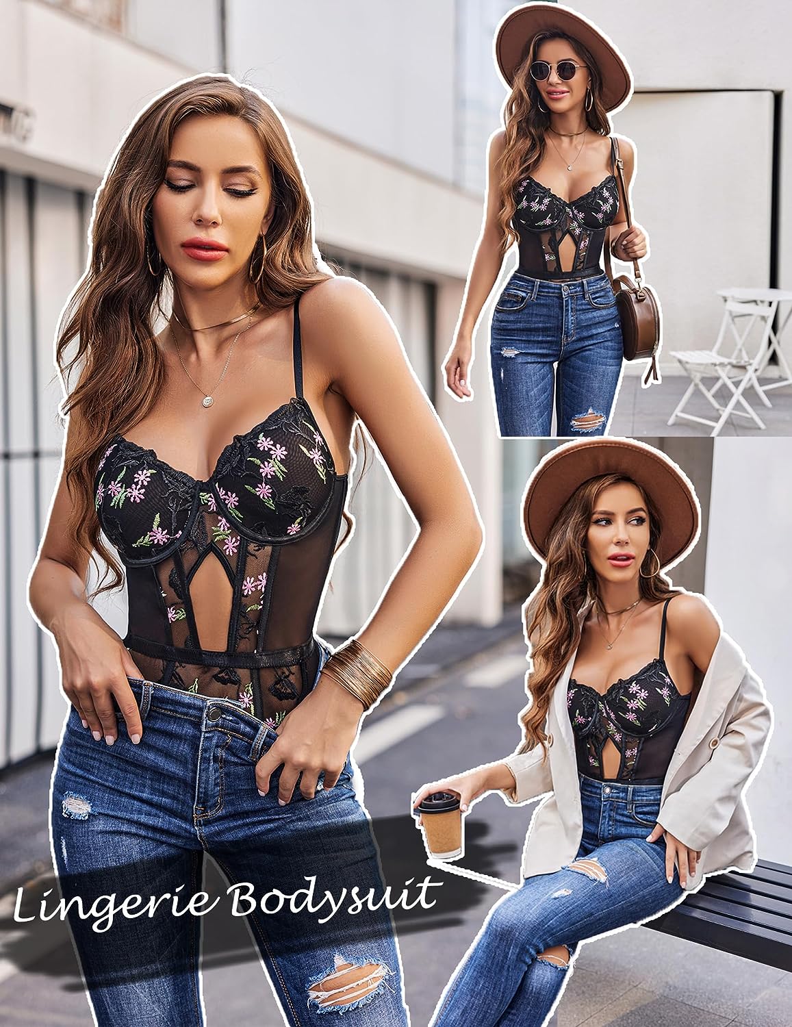 Avidlove black floral lace bodysuit with garter belt, styled with jeans. Sexy lingerie.