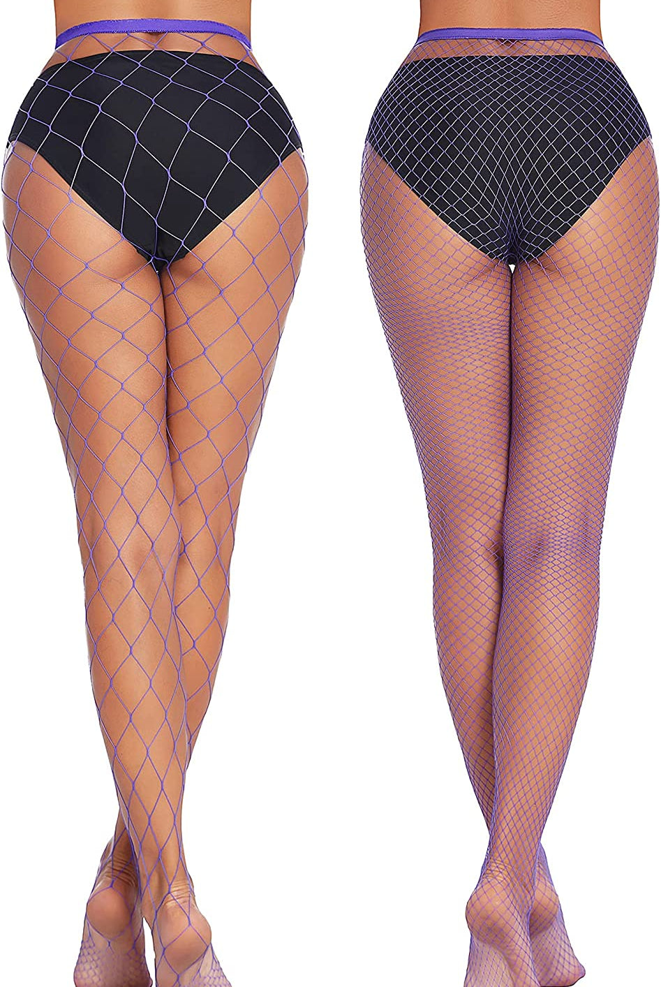 Plus size purple fishnet stockings with diamond net, confident and sexy look, perfect for outfits.