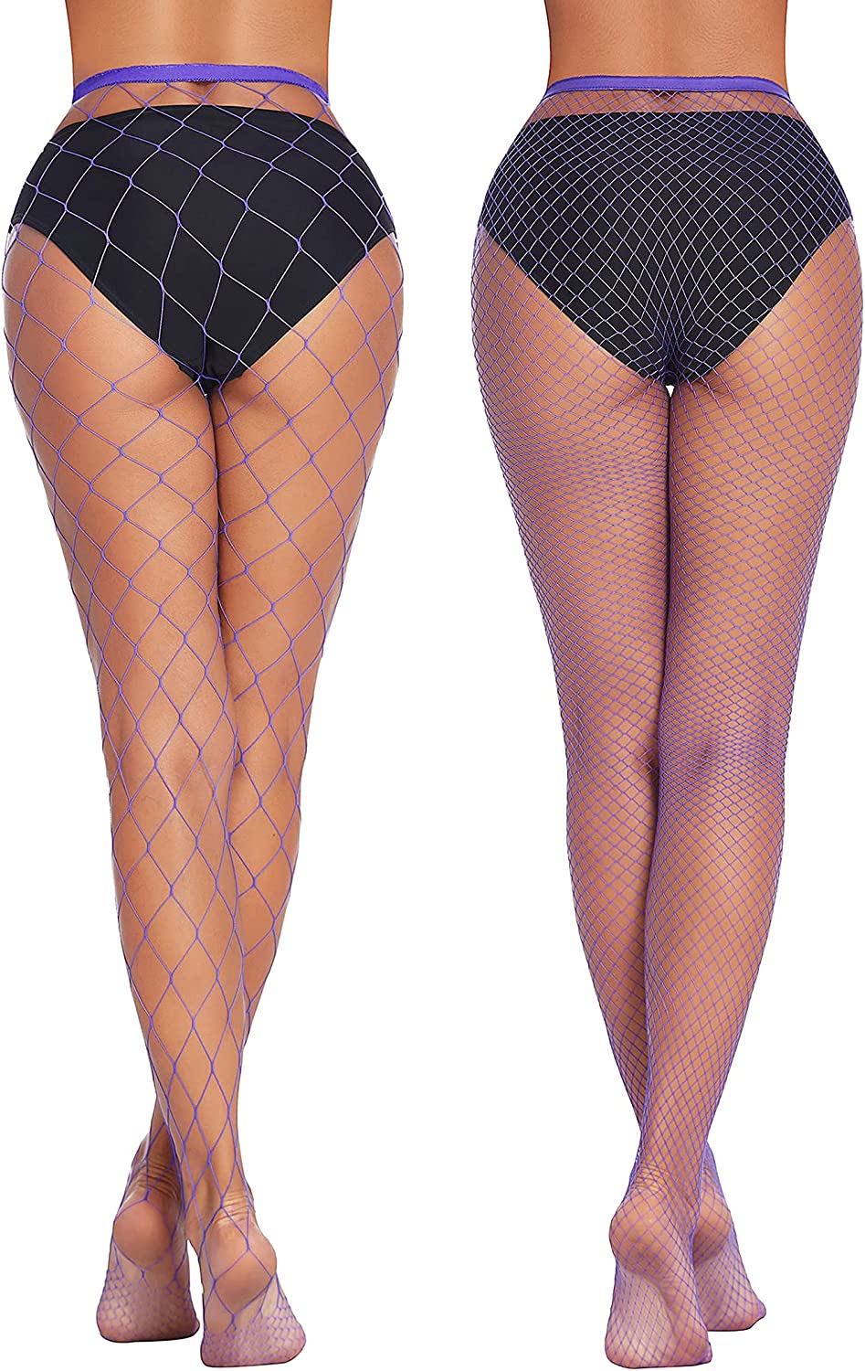 Plus size purple fishnet stockings with diamond net, confident and sexy look, perfect for outfits.