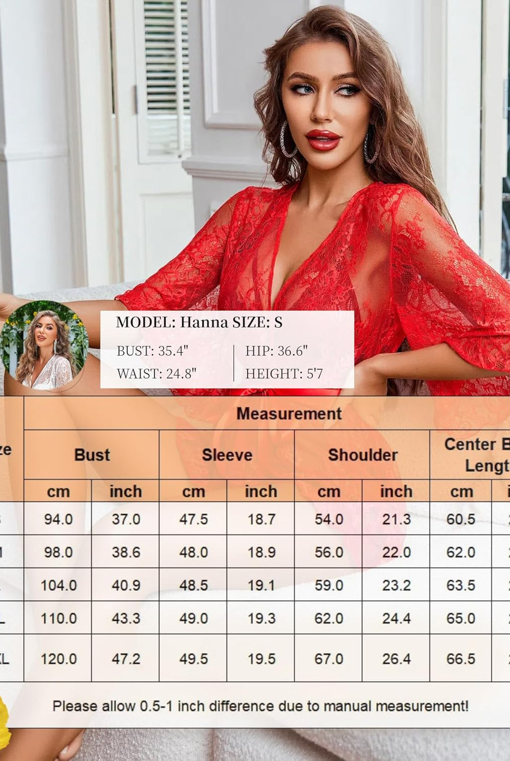 Red lace robe lingerie with size chart. Deep V-neck design, ideal for bridal or honeymoon wear.