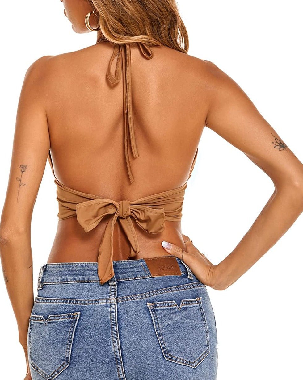 Halter deep V neck tank top with tie back, brown color, for summer. Polyester blend.