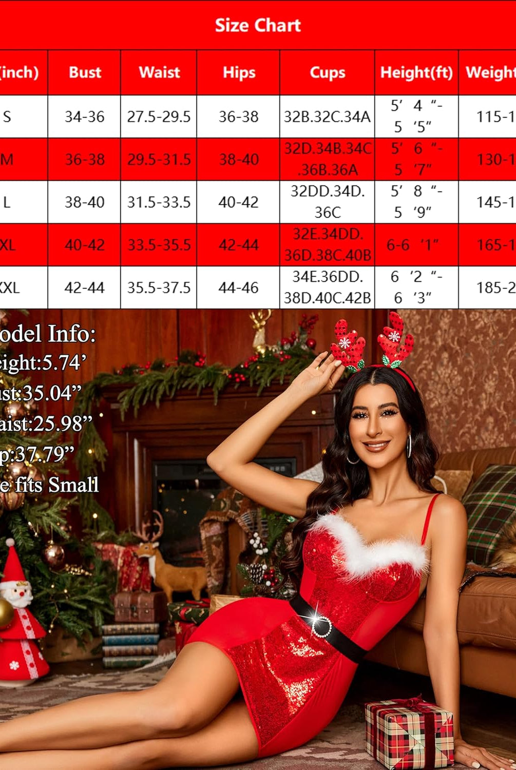 Christmas Lingerie: Red sequin chemise with fur trim and belt, for a sexy holiday night. Size chart.