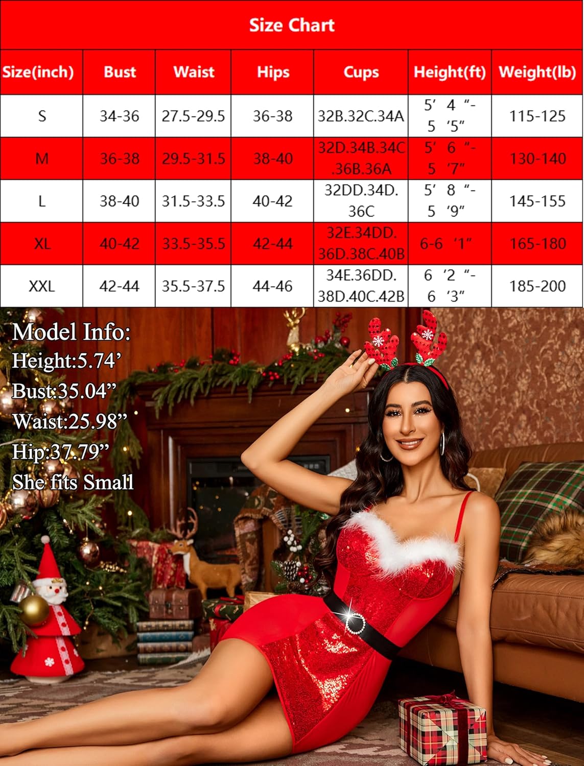 Christmas Lingerie: Red sequin chemise with fur trim and belt, for a sexy holiday night. Size chart.
