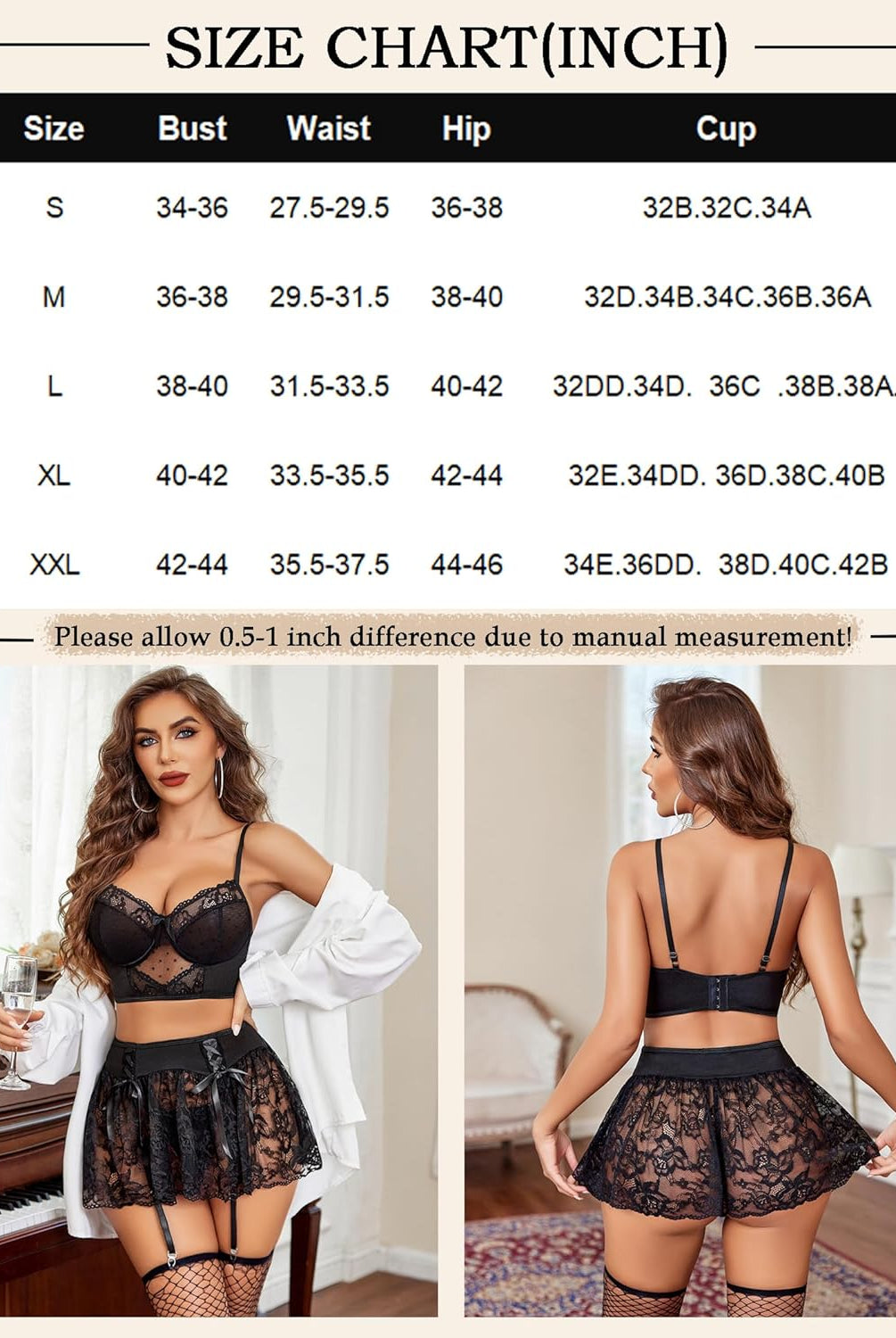Black lace lingerie set with size chart. Bralette, mini skirt, and g-string. Elegant and sexy.