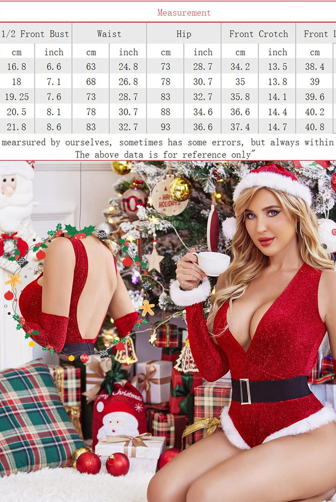 Red Christmas lingerie set: Deep V teddy with hat and gloves, size chart, festive Avidlove lingerie.