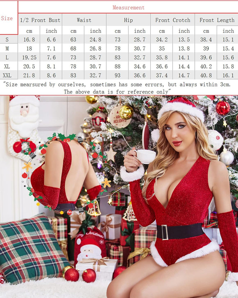 Red Christmas lingerie set: Deep V teddy with hat and gloves, size chart, festive Avidlove lingerie.