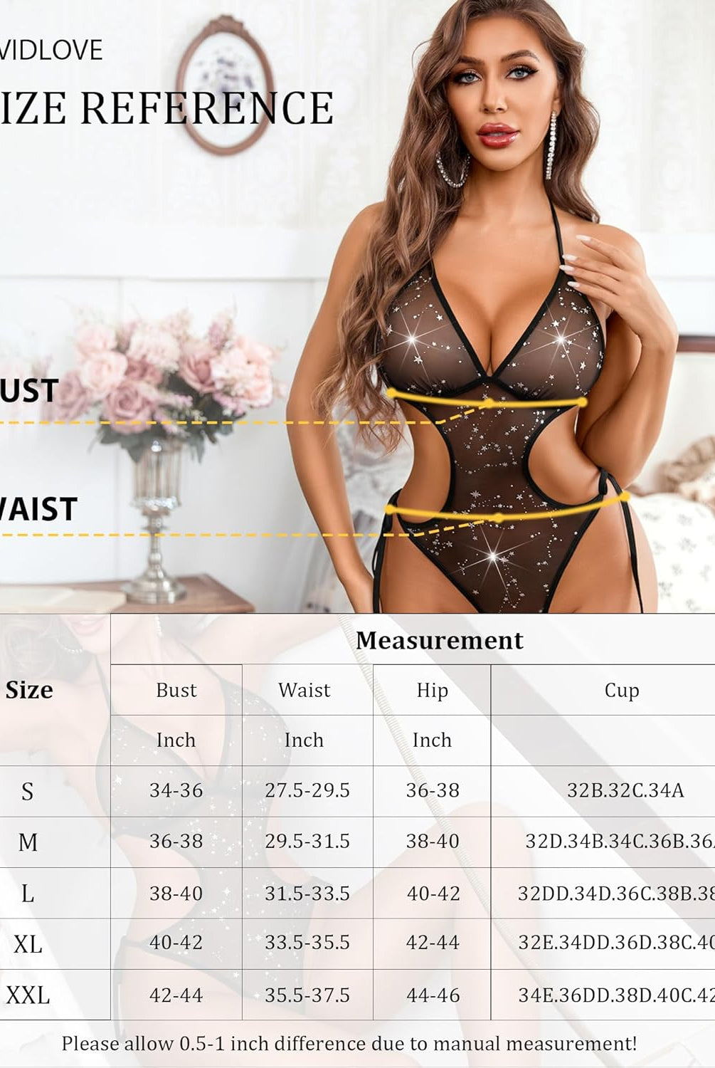 Avidlove black mesh teddy bodysuit size chart. Measurements for lingerie sizes S-XXL.