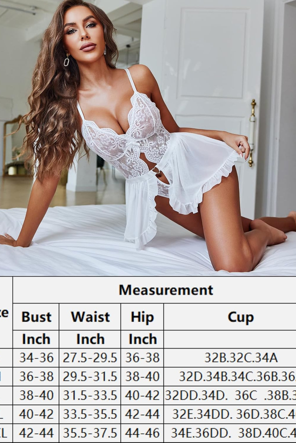 White lace one-piece teddy babydoll with deep V and ruffle hem; measurement size chart