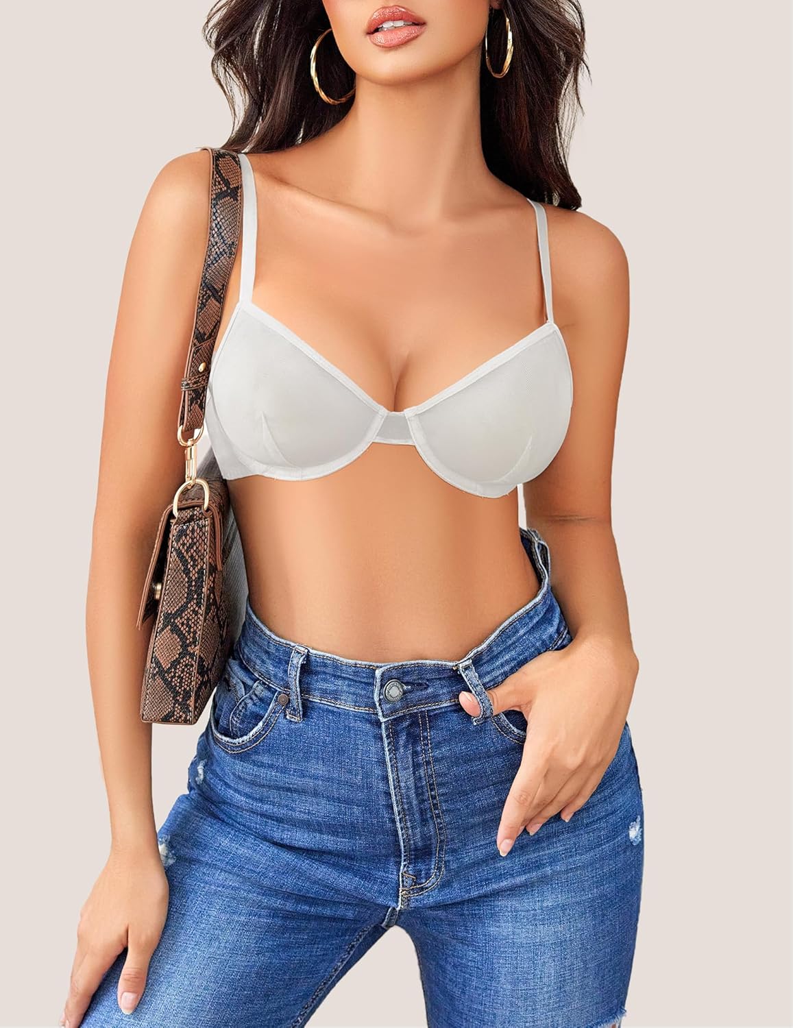 White sheer mesh unlined underwire bra, adjustable straps, highlighting natural contours, with jeans