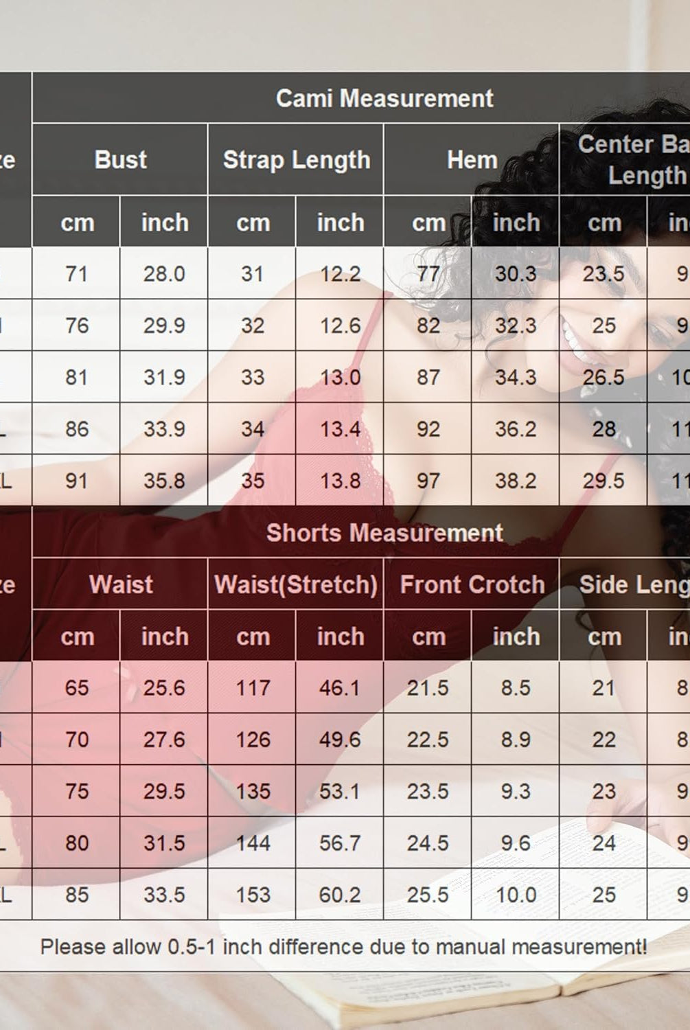 Cami Pajama Set size chart with measurements in cm and inches for bust, waist, and length.