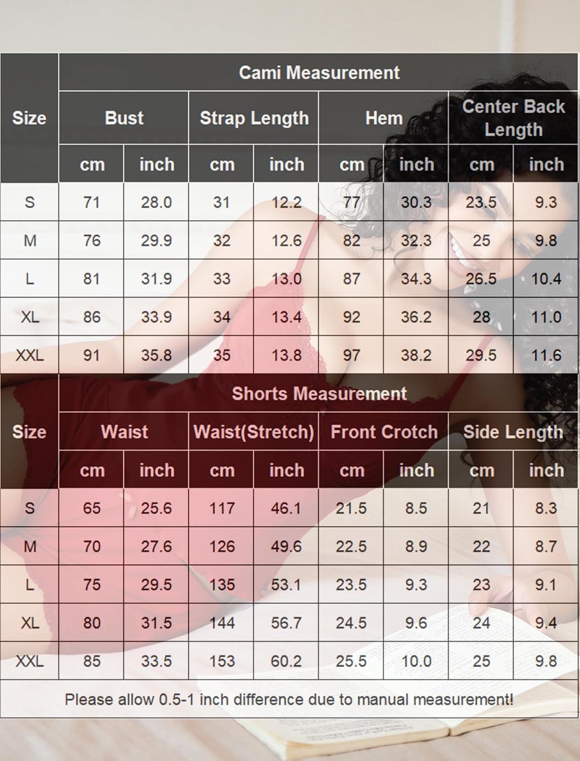 Cami Pajama Set size chart with measurements in cm and inches for bust, waist, and length.