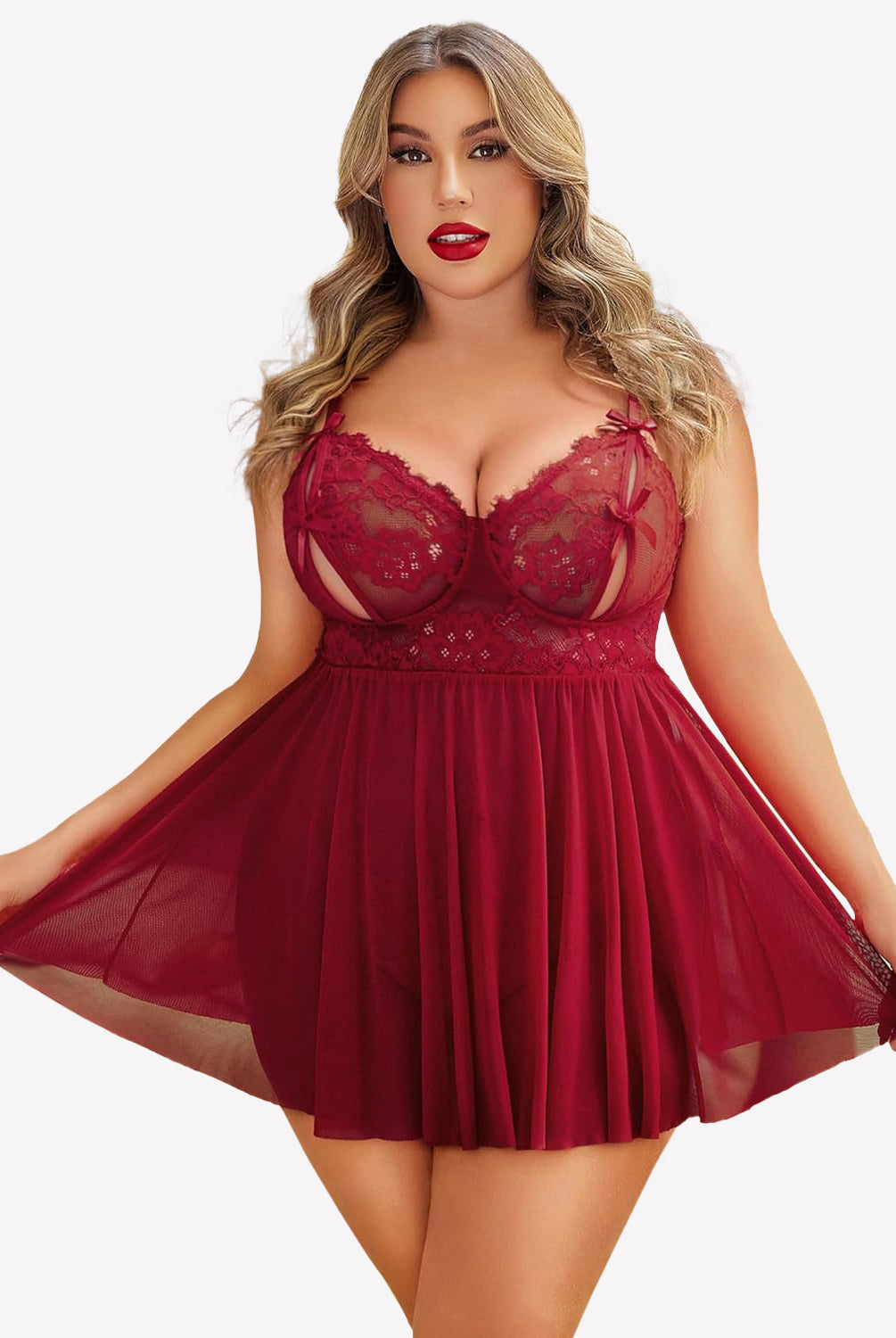 Plus Size Burgundy Lace Babydoll Nighty with Adjustable Straps and Mesh Skirt