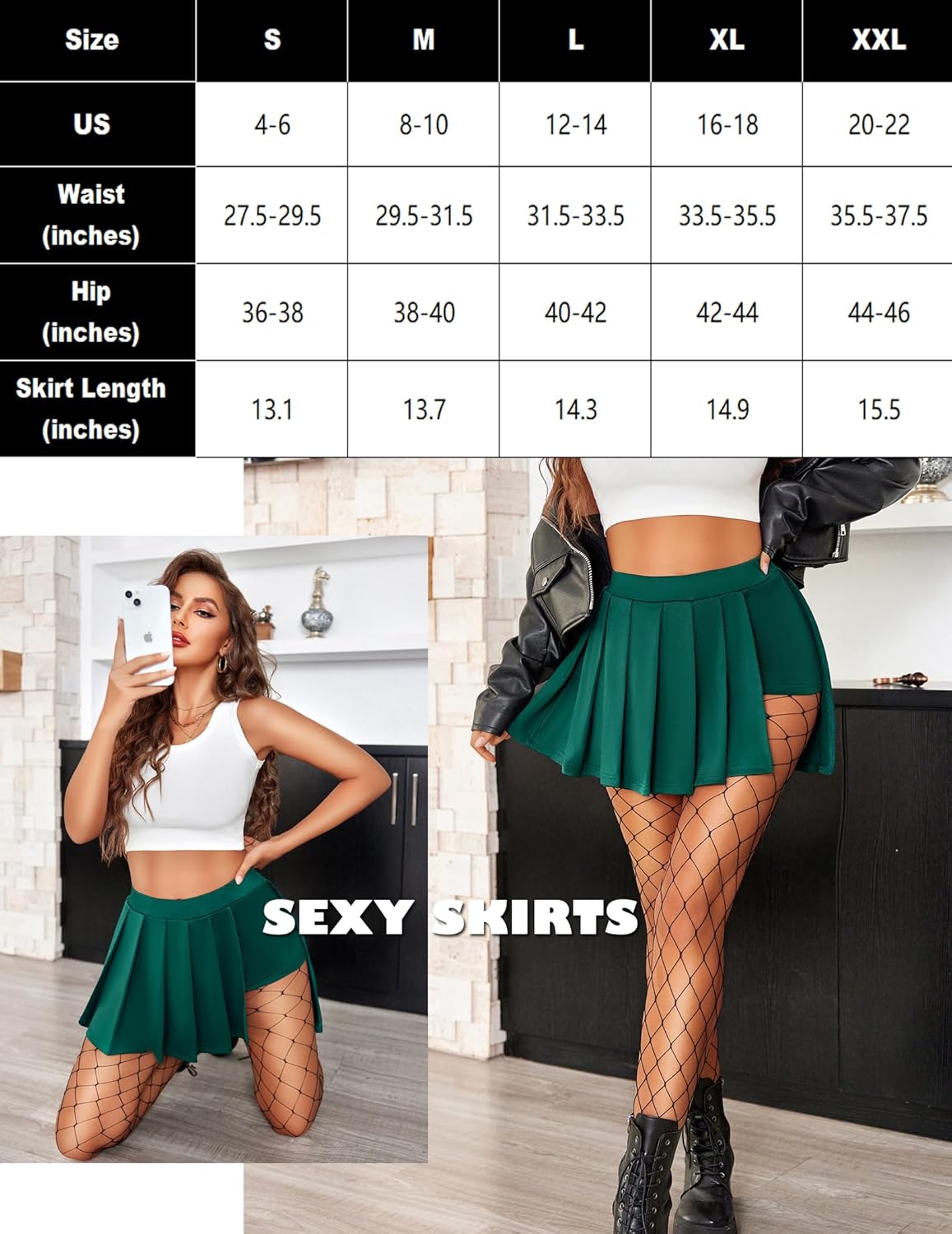 Green pleated mini skirt. Asymmetrical hem, daily wear style. Includes size chart. 'SEXY SKIRTS' text.
