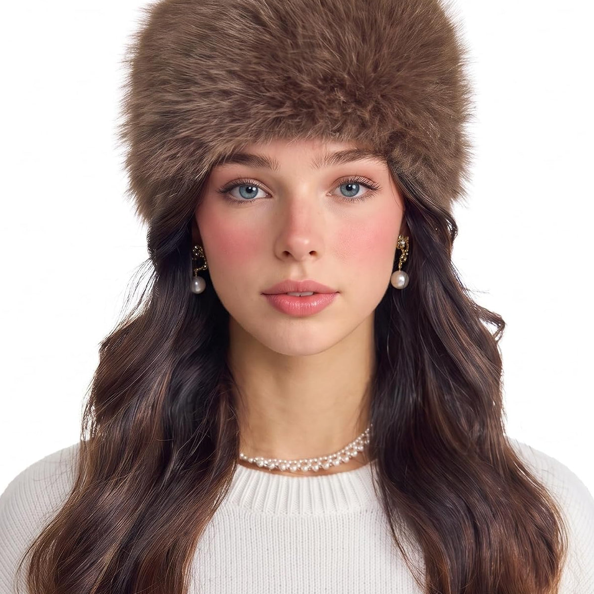 Brown faux fur cossack hat with soft fluffy crown and ear-covering brim
