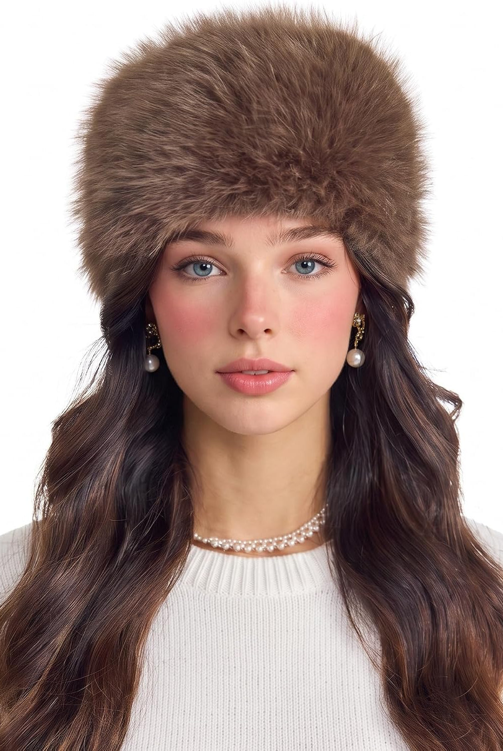 Brown faux fur cossack hat with soft fluffy crown and ear-covering brim