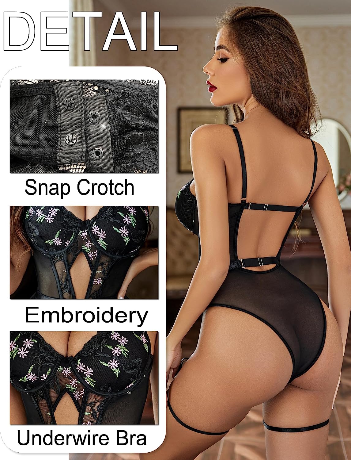 Avidlove black floral embroidered bodysuit with garter belt; snap crotch, underwire bra.