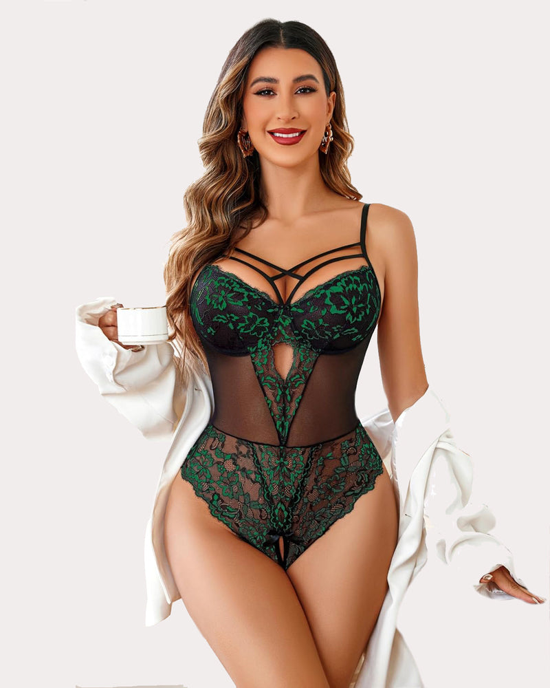 Green lace bodysuit, criss-cross design, open crotch, adjustable straps, sexy lingerie gift
